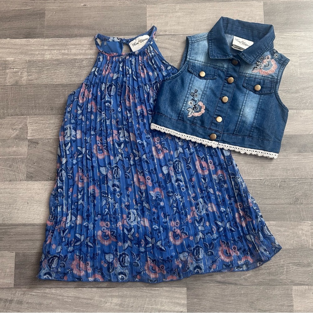 Rare Editions Girls Pleated Blue Floral Dress with Denim Vest 5